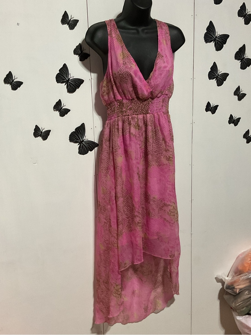 Sleeveless Pink High-Low V-Neck Dress with Smocked Waist